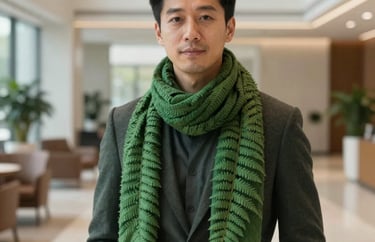 A professional headshot of an individual in business casual attire with a fern green scarf, standing in a sophisticated, bright office lobby in the US.