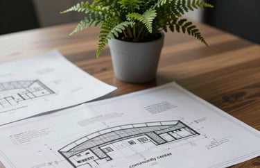 A close-up of a professional desk with a small fern green potted plant and architectural blueprints for a community center, conveying strategic planning and quiet strength.