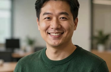 A professional headshot of a person in a dark green sweater, smiling warmly, captured in a North American corporate environment with soft lighting.