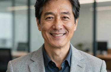 A professional headshot of a mature person in a light gray blazer, looking warmly at the camera, set against a blurred background of a modern office in North America.