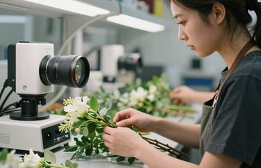 A candid shot of a floral technician inspecting fresh stems in a bright, temperature-controlled environment, modern equipment, North American facility.
