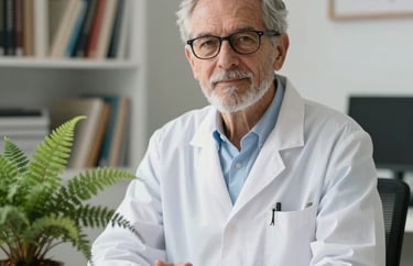 A professional portrait of a senior botanical expert in a light-filled North American office, surrounded by research books and a small potted fern, modern and clean style.