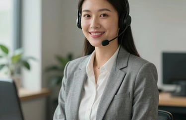 A professional portrait of a customer service lead in a modern, light-filled studio space with soft gray and green accents, North American style.