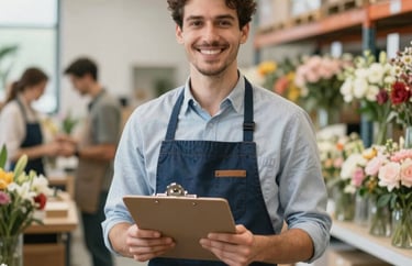 Professional portrait of a team member in an apron holding a clipboard in a modern floral warehouse, bright natural lighting, North American urban setting.