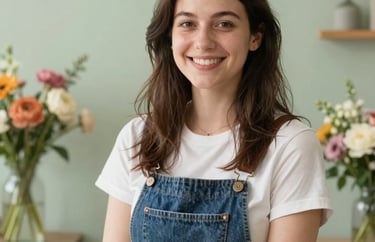 A warm, inspiring portrait of a young professional floral consultant smiling in a bright studio with soft sage green walls, North American setting.
