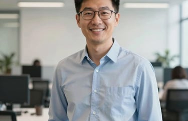 A friendly portrait of a logistics manager in a bright North American office setting, featuring clean lines and a modern, professional atmosphere.