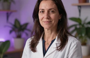 A warm portrait of a trauma-informed movement specialist in a serene North American indoor space with plants and soft, purple-hued lighting.