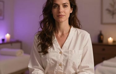 A professional lifestyle portrait of an energy healer in a high-end North American wellness center, surrounded by soft lighting and subtle purple accents.