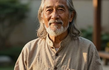 A warm, authentic portrait of a spiritual mentor in a minimalist North American garden setting. The lighting is golden and soft, highlighting a peaceful and wise expression.