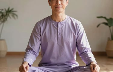 A serene portrait of a meditation teacher sitting cross-legged in a sun-drenched North American studio. They are wearing pale purple attire, looking directly at the camera with a calm smile.