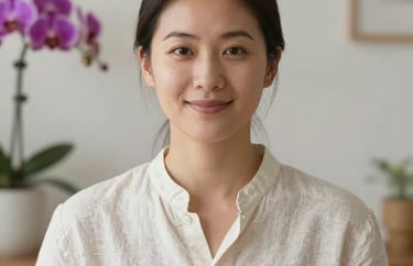 A professional portrait of a wellness practitioner in a light-filled North American studio. They wear a simple off-white linen shirt and have a gentle, welcoming expression. The background is softly blurred with a hint of purple orchid.