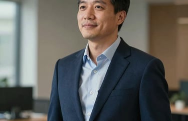 A professional portrait of a male programs director in a North American corporate setting, looking hopeful and empowered, deep navy blue blazer.