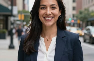 A professional portrait of a community outreach coordinator in a North American urban setting, smiling with a sense of hopeful empowerment.