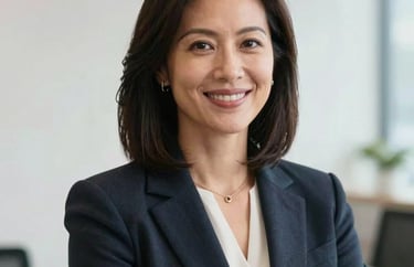 A professional portrait of a female non-profit executive in a bright North American office, conveying expertise and warmth, soft pearl white background.