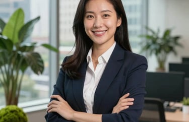 A professional portrait of a sustainability officer in a North American urban office setting with large windows and plants, soft moss green accents.