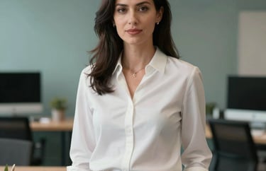 A professional portrait of a female economic director in a North American workspace with soft pearl white lighting and sage teal interior design.