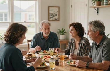 A group of four adults sharing a quiet meal in a sunny, clean dining area, community atmosphere, North American suburban interior, photography.