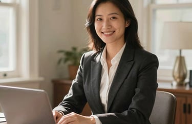 A professional and warm residential house manager sitting in a sunlit, North American style home office, soft natural lighting, photography.