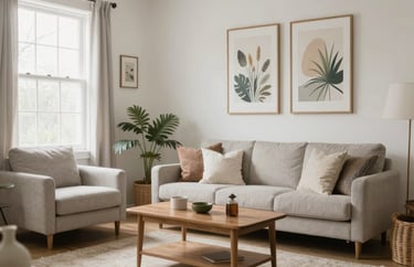 A cozy, shared community space with soft textiles and nature-inspired art, bright and airy North American home interior, photography.