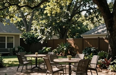 A peaceful outdoor seating area in a North Houston backyard, surrounded by tall trees and dappled morning sunlight, photography.