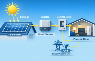 Solar panels converting sunlight into electricity on a home rooftop.