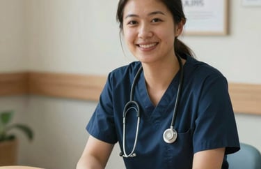 Portrait of a warm, professional caregiver in a tidy North American residential facility, smiling and leaning against a wooden table, soft natural light.