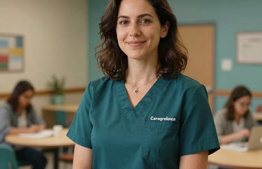Portrait of a wellness activities coordinator in a colorful North American resident activity room, warm lighting, muted teal accents.