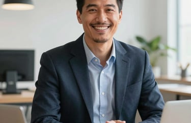 Portrait of a friendly North American professional in a bright home office setting, representing family coordination and empathy.