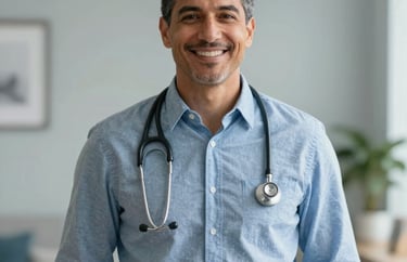 Professional portrait of a North American healthcare leader in business casual attire with a stethoscope, standing in a bright, inviting home-like medical setting, soft mist grey background.