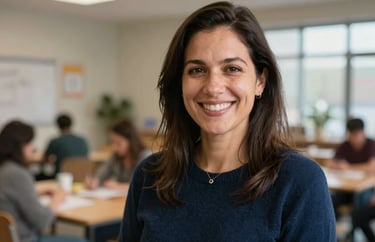 Headshot of the Outreach Lead, a professional female in a dark blue sweater, smiling warmly in a bright North American community center.
