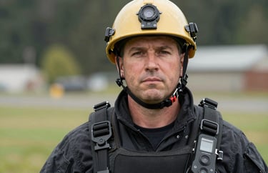 Headshot of a Field Operations Lead, a North American professional in protective rescue gear, outdoors near Issaquah, Washington, daytime.