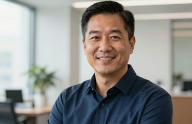 Headshot of the Executive Director, wearing a professional dark blue shirt, in a bright North American office with a clean and trustworthy atmosphere.