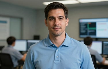 Headshot of an Emergency Coordinator, professional North American male in a light blue polo shirt, standing in front of an operations center.