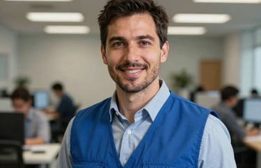 Headshot of a professional Logistics Specialist in a North American office setting, wearing a medium blue vest, looking into the camera with a confident and compassionate expression.