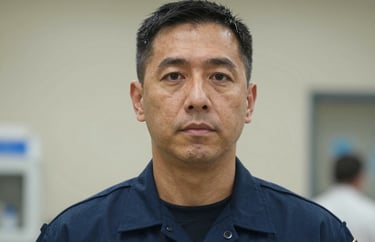 Headshot of the Medical Support Chief in a professional dark blue uniform, North American clinical setting, showing compassion and readiness.