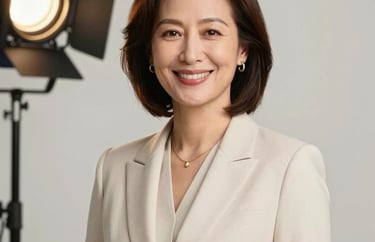A studio portrait of a woman in a professional role within a US foundation, wearing elegant attire and smiling warmly. The composition is classic and clean with professional off-white studio lighting.