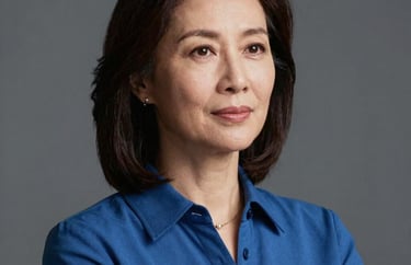 A studio portrait of a female leader in her 40s, dressed in a professional blue blouse, looking focused and compassionate. Elegant North American corporate photography style.