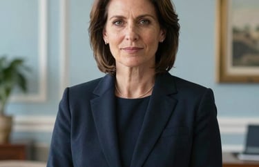 A professional portrait of an adult female leader in a North American foundation setting, wearing a dark navy blazer, standing against a soft-focus background of an elegant office with light blue accents.