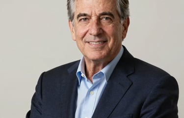 A professional portrait of a senior male executive in the North American philanthropic space, wearing a dark navy suit, appearing trustworthy and experienced against an off-white background.
