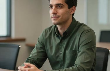 A professional portrait of a man in a business casual dark green shirt, sitting in a North American boardroom with a compassionate and focused demeanor.