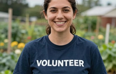 A professional portrait of a female volunteer in a North American community garden, showing a supportive and hopeful expression.