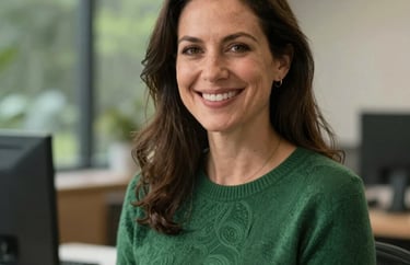 A professional portrait of a woman in a forest green sweater, smiling warmly in a North American office setting with a soft-focus background of greenery.