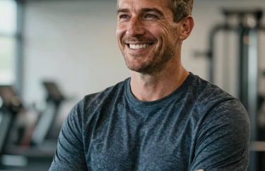 A professional portrait of a male trainer in a North American setting, smiling confidently, with a focus on trust and approachability.