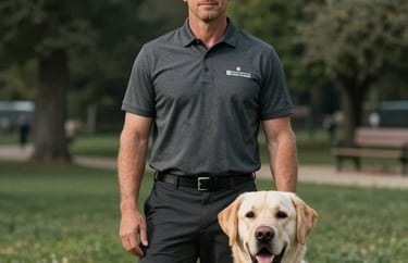 A professional portrait of a lead trainer in a North American outdoor park, wearing a professional charcoal polo shirt, standing with a calm Labrador Retriever.