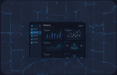 A high-tech SaaS dashboard user interface mockup.