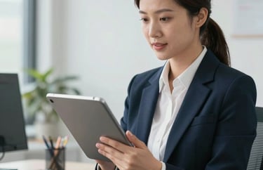 A professional waist-up photograph of a claims specialist in a clean, brightly lit North American office, holding a digital tablet and looking helpful.