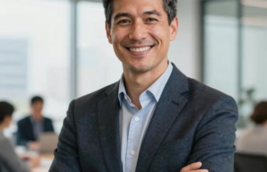A professional portrait of a insurance technology specialist in a bright North American office, smiling confidently at the camera.