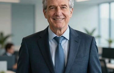 A professional portrait of a senior claims manager in a modern US workplace, with a background featuring soft blue and white architectural details.