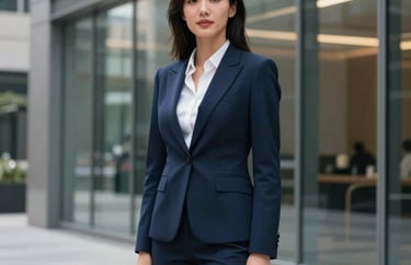 A professional portrait of a woman in a navy blue suit standing in a modern glass-walled office in a US city, representing corporate integrity.