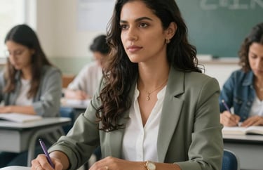 A Brazilian woman in her 30s, an educator, sitting at a desk with books in a brightly lit classroom environment.